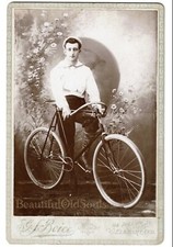 Antique Cabinet Card Photograph Handsome Young Man on Bicycle Flowers Elkhart IN picture