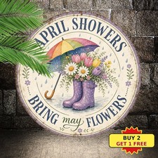 Rainbow Umbrella Rain Boots April Showers Round Tin Sign Spring Garden Decor 8x8 picture
