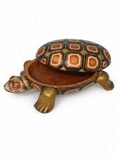 Large Vintage Hand Painted Carved Wood Turtle Trinket Box Gilt 9.5” Folk Art picture