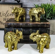 Thai Golden Elephant Feng Shui Figurine Set Of 4 Trunk Raised Elephants 3.5