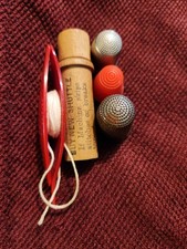 Wooden Needle Case,Plastic  Tatting , 2 Metal Thimblels 1 Plastic Thimble picture