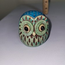 Vintage Sylvia Hood Green & Blue Carved & Painted Owl MCM Folk Art picture