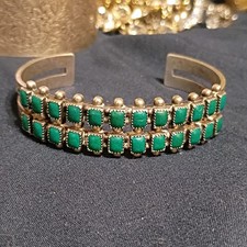 Native American US Sterling Silver Green Stone Multi-Row Cuff Bracelet picture