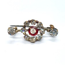 Vintage Rhinestone Circle Brooch Red Center Crystal Accents Antique Pin picture
