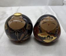 Japanese Vintage Kokeshi Style Wooden Doll Couple Set Gold Black Red picture