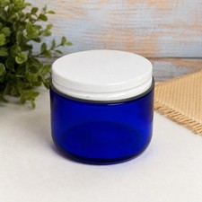 Vintage 1950s Noxzema Cobalt Blue Glass Cold Cream Jar White Metal Lid 3” picture