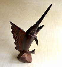 Hand-Carved Wooden Marlin Swordfish Sculpture Decor on Wooden Base Stand picture