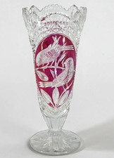 Vintage Hofbauer Byrdes Ruby Crystal 10.5” Footed Vase Frost Cut Sawtooth Rim picture