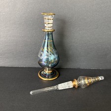 Vintage [[[[[[Hand Blown Blue Egyptian Glass Perfume Bottle Gold Trim Stopper 7