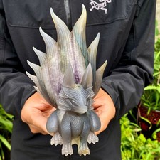 2.09LB Natural Agate Geode Hand Carved Nine-tailed Fox Quartz Crystal Decor picture