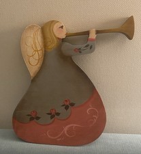 Vintage 1985 T. Lipman Hand Painted Wooden Angel Plaque Trumpet Folk Art 11.5