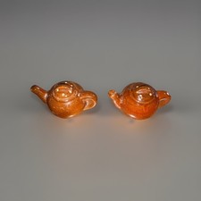 Vintage Brown Drip Glaze Teapot Salt Pepper Shakers Set Pottery Country Rustic picture