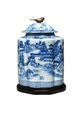 Blue and White Blue Willow Porcelain Scalloped Tea Caddy Jar 15