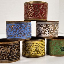 6 VTG Thai Napkin Rings Brass w/ Red Blue Green Yellow White Black Enamel Boho picture