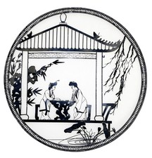 9.5” Asian Pagoda Geesha Girls Thin Black Metal MCM Wall Hanging picture