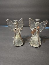 Two stained glass and metal angel candle holder figurines. picture