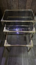 Vintage 3 Pc MCM Brass Nesting Tables With Smoked Glass picture