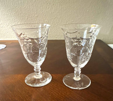 Set of 2 Clear Crystal Stemmed Etched Floral Wine Glasses Decorated Glass 6 oz  picture