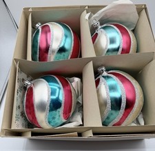 Vtg West German 4” Jumbo Glass Christmas Ornaments Swirl Pink Teal Set 4 W Box picture