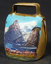 HAND PAINTED SWITZERLAND SWISS MINI BRASS COWBELL OIL LANDSCAPE SOUVENIR BELL picture