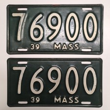 Vintage Massachusetts License Plate Pair 1939 Green White Decor (2) picture