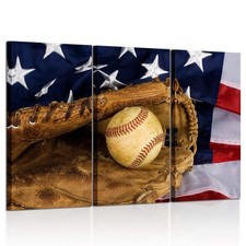 KREATIVE ARTS 3 Pieces Canvas Prints Baseball American Flag 16x32 inch 3 pcs picture