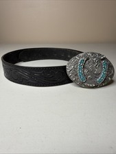 1995 Navajo Western Leather Belt & Buckle Turquoise Coral Native American 36