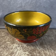 Vintage USSR Russian Wooden Lacquer Bowl Hand Painted Floral & Fruit 7