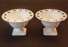 Indiana Lorain Basket Lace Edge White Milk Glass Pedestal Compote Berry Bowl LOT picture
