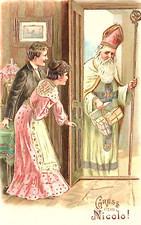 1905 GERMAN Christmas Postcard Young Couple Greet Green Robes St Nicolas at Door picture