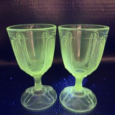 1880s EAPG Adams Glass Curtain Tie Back Goblets Set 2 Manganese 365nm UV Glow picture