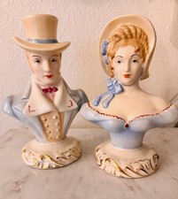 Vintage ceramic Victorian Blue Lady & Man Bust Statue Figurines marked 272. picture