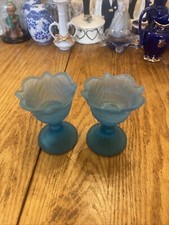 Blue Glass Candle Holder Pair Floral Ribbed Design picture