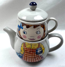(1C) Vintage Ceramic Novelty Girl Tea For One Stackable Teapot & Cup Set Lid picture