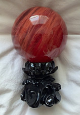 Polished Red Crystal Sphere Ball w/ Black Carved Stand & Gift Box picture
