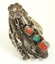 Vintage Navajo Sterling Silver Large Old Pawn Turquoise Red Coral Blossom Ring picture