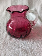 Vintage Cranberry Red Pilgrim Glass Mini Pitcher Hand Blown Clear Swirl Handle picture