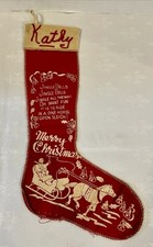 Vtg 1950s Red Felt Christmas Stocking Jingle Bells SleighScreen Print Kathy picture