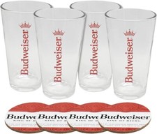 Set of 4 Budweiser 16oz Pint Glasses with Coasters - Beer Glasses picture