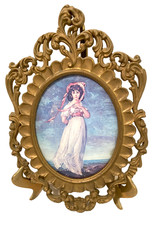 Vtg Pinkie Girl Ornate Plastic Gold Frame Convex Glass Italy Mod Depose 10.75x7