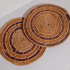Woven Raffia Rattan Hot Plate Coaster Vintage Trivets 9.5in Pair X2 picture