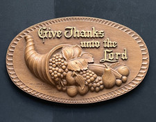 Vtg Warner Press Wood Plaque Give Thanks Unto The Lord Cornucopia Thanksgiving picture
