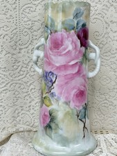 Hand-painted Porcelain Handled Vase multiple Pink Roses Purple Violets 13in picture