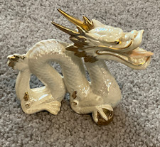 Vintage Japanese White Iridescent Dragon Figurine Statue w/ Gold Accents picture