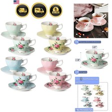 BTaT- Floral Tea Cups and Saucers, Set of 8, 8 oz, Fine Porcelain Teacup Set ... picture