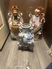 Vintage Chinese Porcelain Gods (2) With (1) Blue Vintage Fertility Vase picture