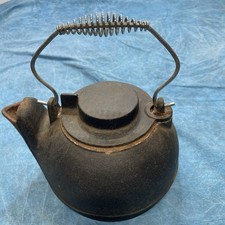 Vtg Cast Iron Tea Kettle Swivel Top Coiled Handle Black 1900-1950 Era Distressed picture