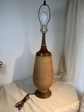 MCM Ceramic and Wood Table Lamp 33 Inches Tall Vintage Tan Brown picture