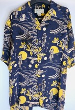 Vintage Avanti Hula Moon 100% Silk Hawaiian Shirt Navy Short-Sleeve Medium 46