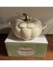 NEW Pfaltzgraff Pumpkin Casserole Dish w/Lid 2 Qt White Ceramic Gold Stem picture